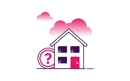 Illustration of a house with pink clouds and a question mark