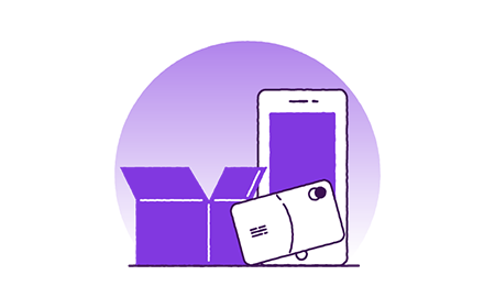 A purple illustration of a box next to a mobile phone and a bank card in the middle of both